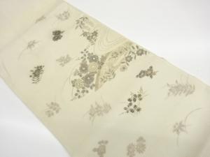 絽螺鈿金彩手描き秋草に流水・蛇籠模様袋帯